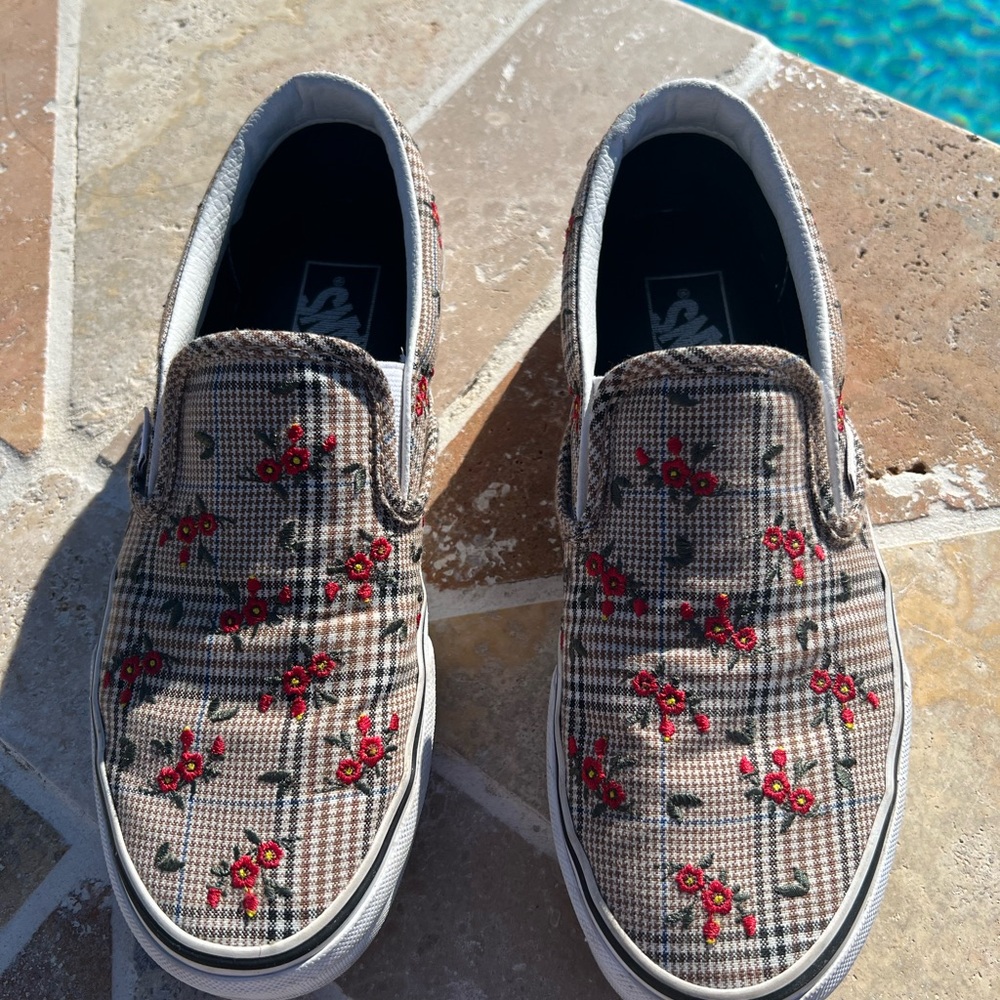 Vans Plaid Slip-On Shoes with Red Floral Embroidery